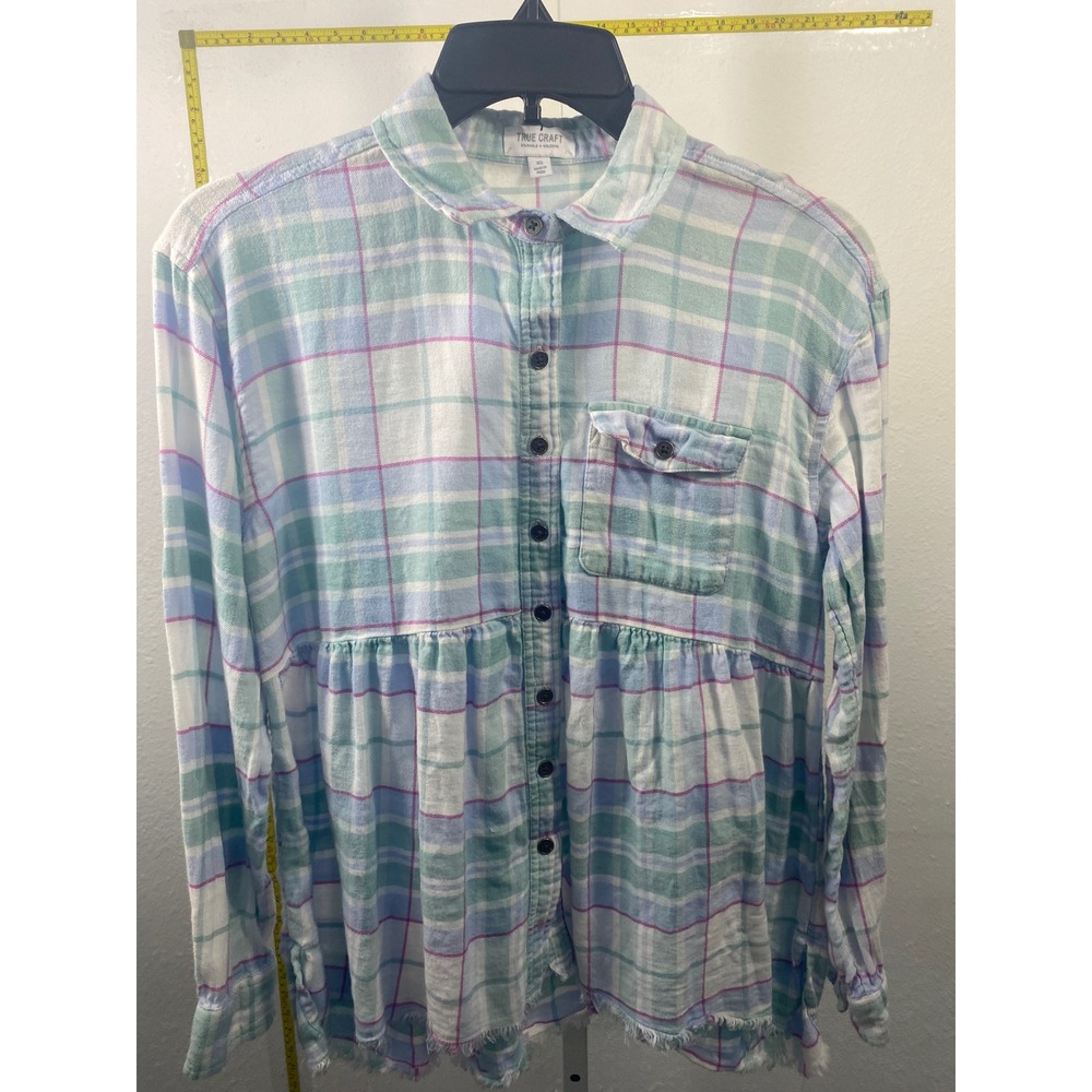 True Craft Pastel Plaid Babydoll Button Down Shirt XS Blue Green Frayed Hem Boho